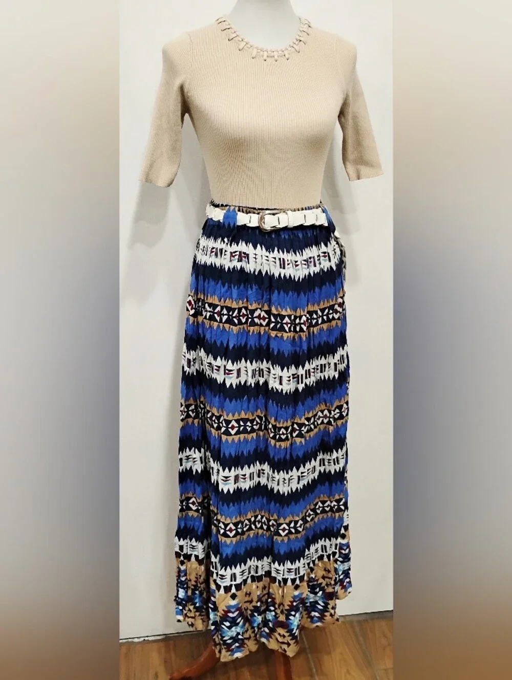 BLUE AND WHITE SIDE SADDLE MAXI SKIRT